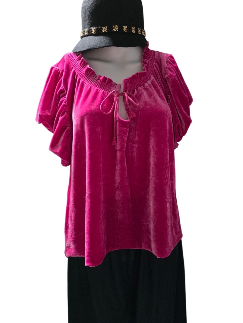 Free People Terese Velvet Puff Sleeve Peasant Top Magenta Pink L